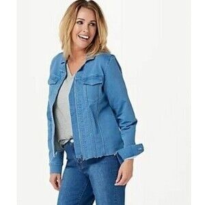 Denim & Co Small Zip Front Jean Jacket-Light Wash-Raw Hem-Flap Pockets-Cropped